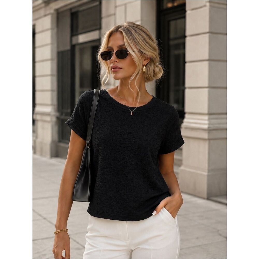 easel Black Short Sleeve Textured Crewneck Top